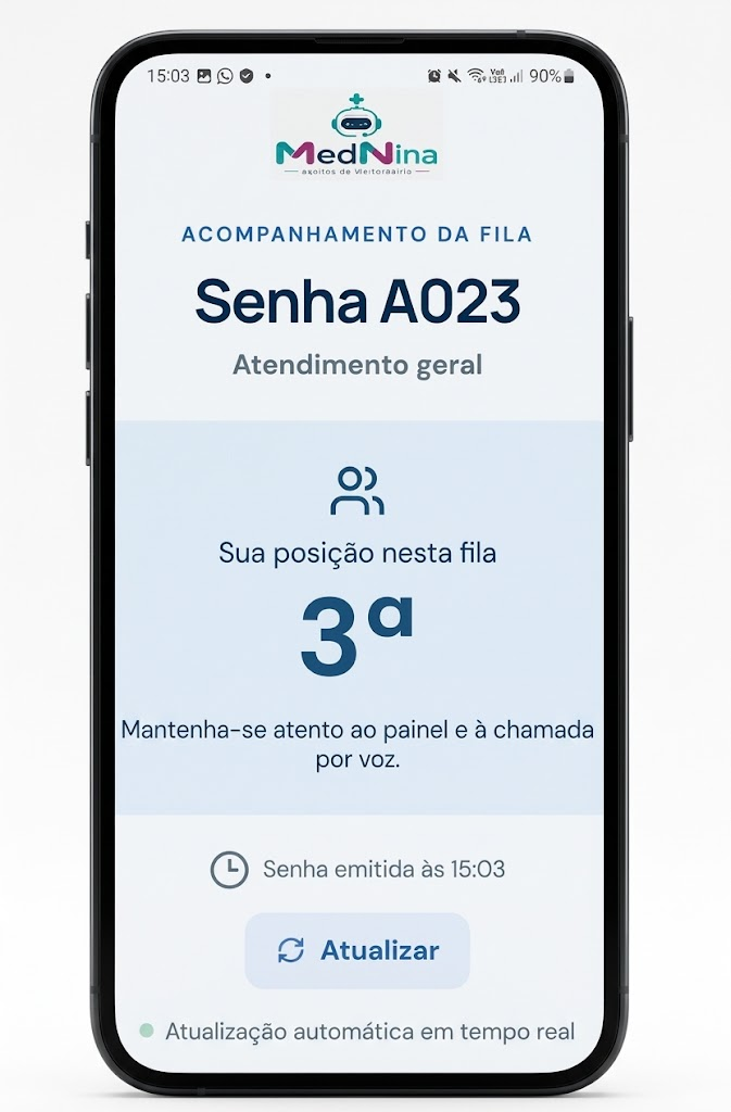 Página real de acompanhamento individual mostrando a senha A023 e a terceira posição na fila.