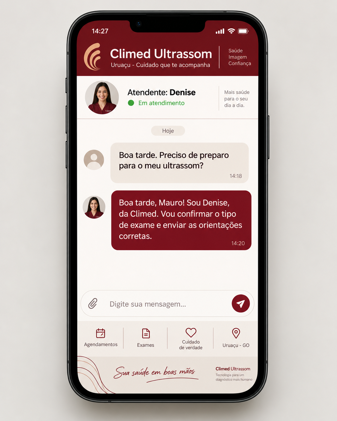 Exemplo fictício no celular: paciente solicita orientação e recebe resposta da atendente Denise, da Climed.